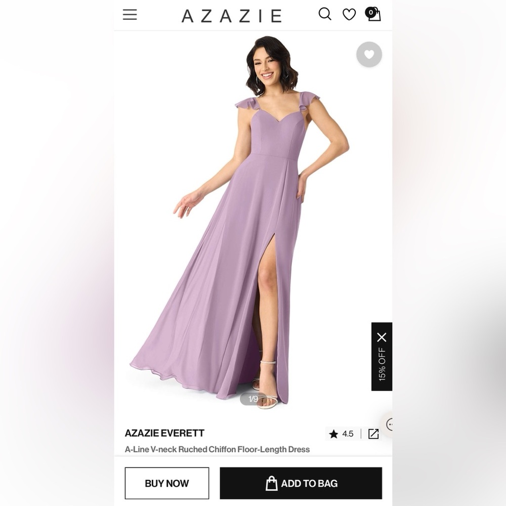 Azazie Everett bridesmaid dress in Wisteria. Size 0.